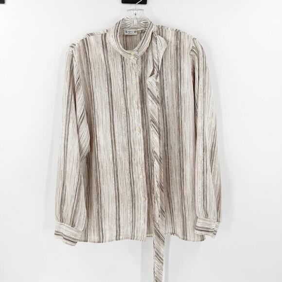 Vintage RUSS USA Brown & Cream Stripe Tie Neck Button Up Blouse Size 12 - Picture 1 of 13